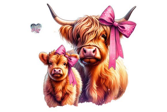 Highland Cow and Calf Pink Coquette PNG