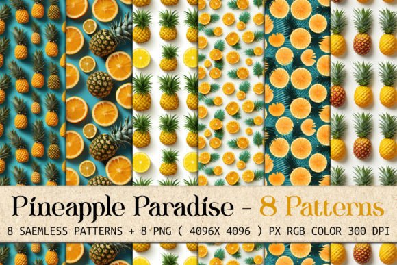 Pineapple Paradise: 8 Seamless Patterns & PNG Backgrounds