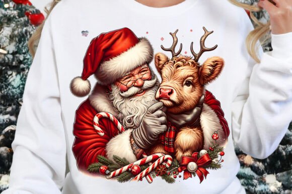 Vintage Christmas Santa Highland Cow Png